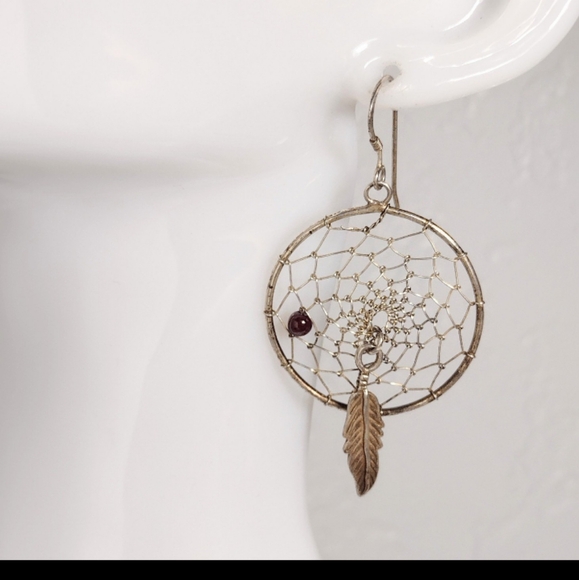 Vintage Native Southwestern Rhodolite Garnet Dreamcatcher Earrings - Picture 2 of 9